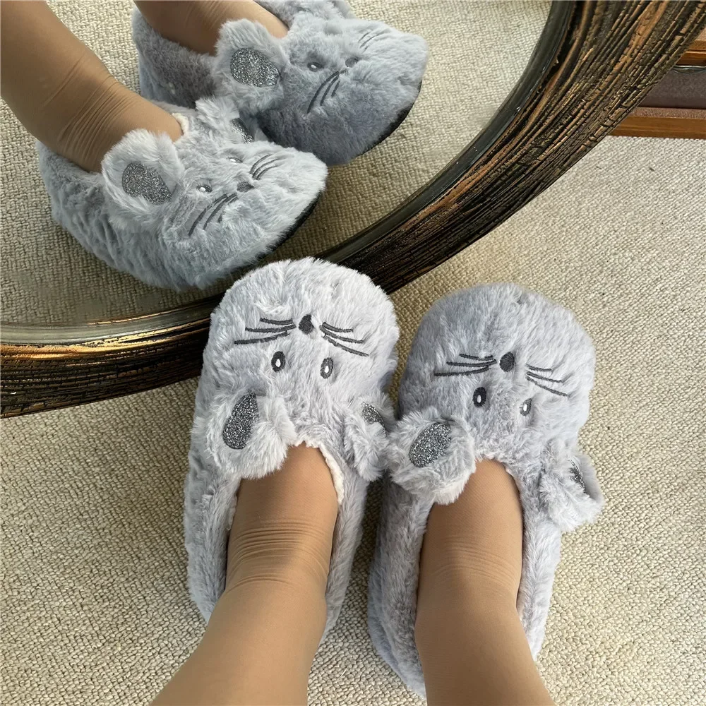 Pantofola fuzzy per la casa da donna in pelliccia invernale calda peluche antiscivolo impugnatura interna soffice pigra orecchie da mouse femminile scarpa da pavimento sneaker soggiorno 1