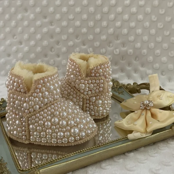 Dollbling Mamma Figlia Bambino Personalizzato Perle Stivali Personalizzati Fatti A Mano di Lusso Pelliccia Infantile Perline Avorio Bling Inverno Botties 4