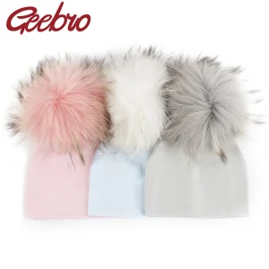 Geebro Neonato Morbido Cotone 15 cm Vera pelliccia pompon Berretti Cappelli Per Neonati maschi Ragazze Autunno Inverno Bambini Neonati Bambino Cappelli per bambini 1