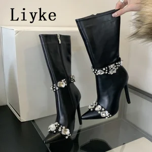 Liyke Moda Gemma di Cristallo Rivetto Donna Autunno Inverno Scarpe Zip Caviglia Chelsea Stivaletti Sexy Punta a punta Party Stripper Tacchi Stivaletti 1