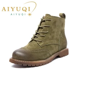 Stivaletti da donna in pelliccia 2024 autunno stivaletti corti da donna in vera pelle scamosciata stivaletti da donna con tendenza retrò in pizzo britannico 1