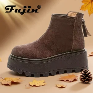 Fujin 7cm Stivali da neve in vera pelle scamosciata di mucca Stivaletti da donna con plateau e zeppa Stivali invernali in peluche Chelsea Scarpe da donna 1