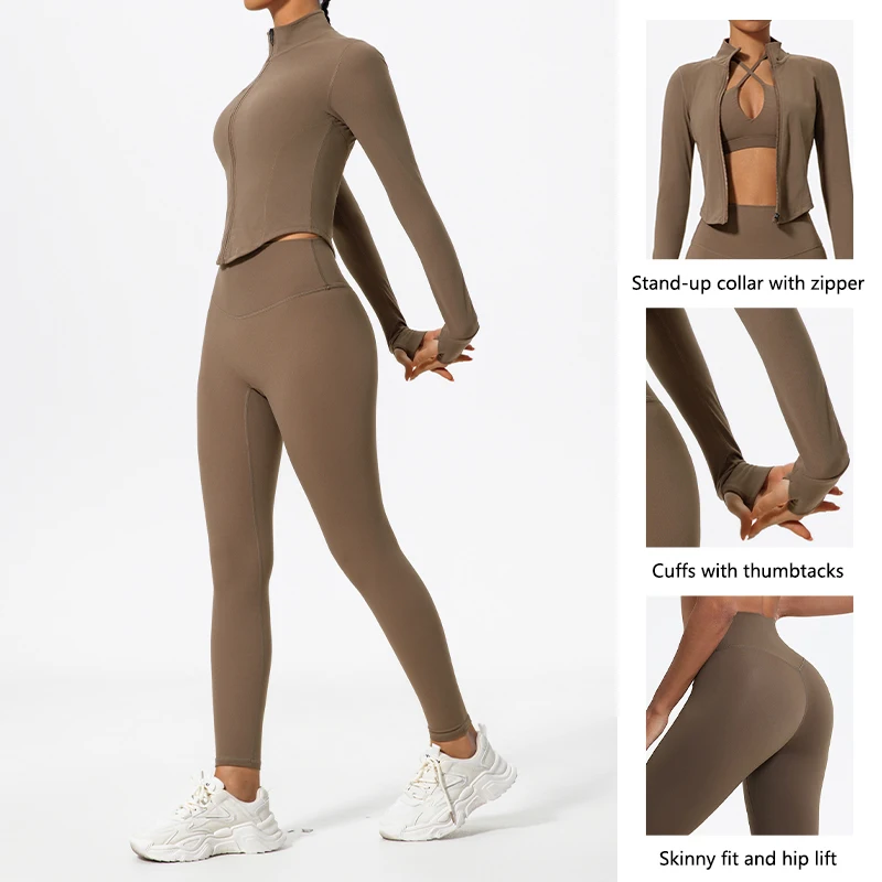 Hearuisavy Tessuti ultra morbidi 2 pezzi Set da palestra a maniche lunghe Donna Abbigliamento da yoga ad asciugatura rapida Leggings da allenamento Tuta Giacche sportive Donna 2