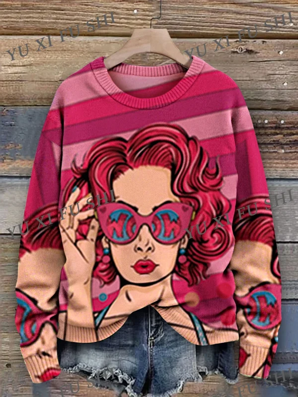 Occhiali da sole alla moda modello da donna maglione girocollo femminile maglieria con stampa digitale di alta qualità pullover allentato casual 2025 Top 1