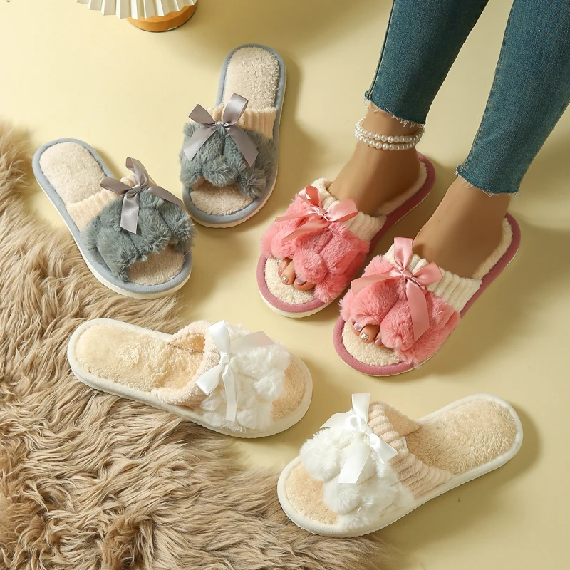 Autunno Inverno Donna Moda Pantofole con fiocco in peluche per interni Donna Nuove adorabili diapositive con fiocco Uomo Casa Sandali leggeri soffici e caldi 1