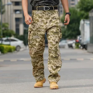 Nuovi pantaloni da trekking per sport all'aria aperta e tempo libero da uomo Pantaloni traspiranti a tubo dritto mimetico antivento per escursioni all'aperto 1