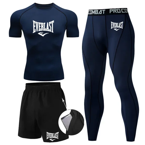 EVER/LAST Abiti da uomo neri Camicie a compressione Leggings Elasticità Fitness Palestra Corsa Traspirante Quick Dry Rashguard Set da uomo 2