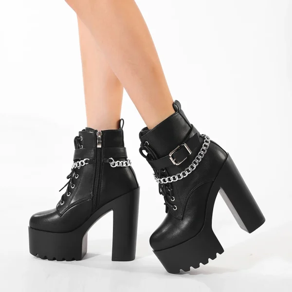 Gdgydh Stivali da donna con tacco largo con decorazione a catena Stivali con plateau con cerniera laterale alla moda Stivaletti alla moda Tacchi alti 1