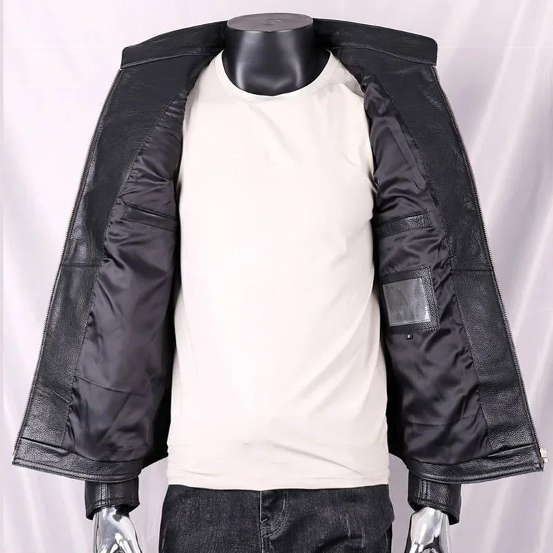 Giacca in vera pelle per uomo colletto corto in piedi con ricamo teschio giacca moto Harley uomo cappotto in pelle di mucca maschile 6