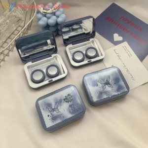 Custodia per lenti a contatto con farfalla blu vintage portatile carina con scatola contenitore per lenti a contatto a specchio per regalo da viaggio all'aperto 1