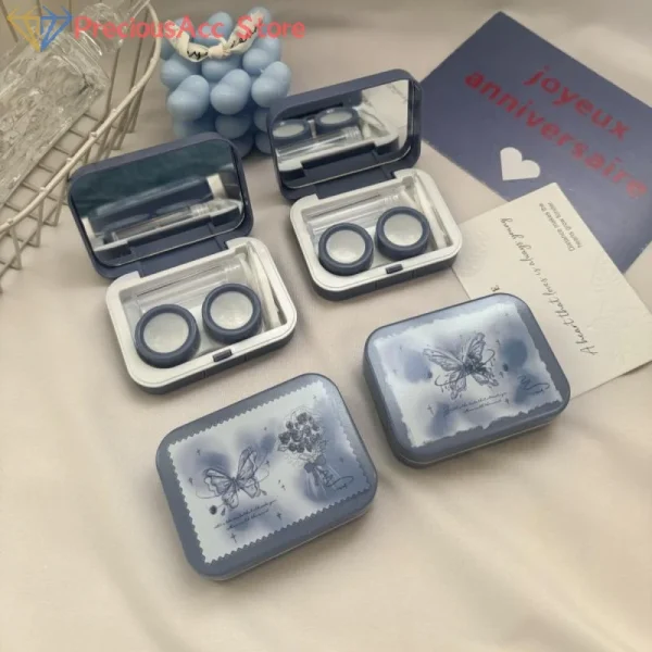 Custodia per lenti a contatto con farfalla blu vintage portatile carina con scatola contenitore per lenti a contatto a specchio per regalo da viaggio all'aperto 1