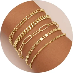 Set di bracciali in oro per donna, bracciali a catena in oro delicato placcato oro 14 carati Braccialetti con polsini in oro impilabili alla moda Regali di gioielli 1