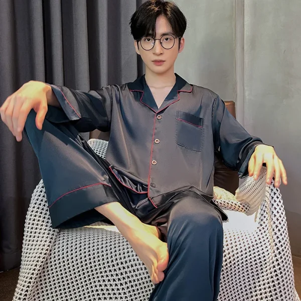 Pigiama da uomo autunno e inverno pantaloni lunghi a maniche lunghe indumenti da notte in seta Loungewear Cardigan giovanile Solid Nightwear Homewear 1