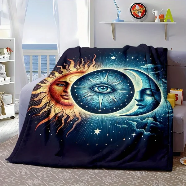 Coperta da tiro in flanella celeste con sole e luna stampata digitale - Tessuto non tessuto reversibile, per tutte le stagioni, poliestere 6