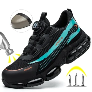 Scarpe antinfortunistiche da uomo con bottone rotante Scarpe con punta in acciaio Stivali antinfortunistici con cuscino d'aria Scarpe da lavoro anti-sfondamento Scarpe protettive indistruttibili 1