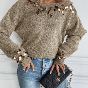Elegante pullover girocollo con paillettes maglione lavorato a maglia manica lunga abbigliamento da festa per le donne alla moda 1
