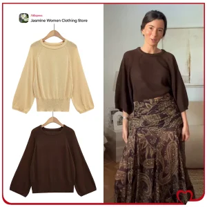 Maglione lavorato a maglia a maniche larghe da donna elegante e rilassante Pullover da strada Maglieria casual con scollo a O con maniche larghe sotto il gomito 1