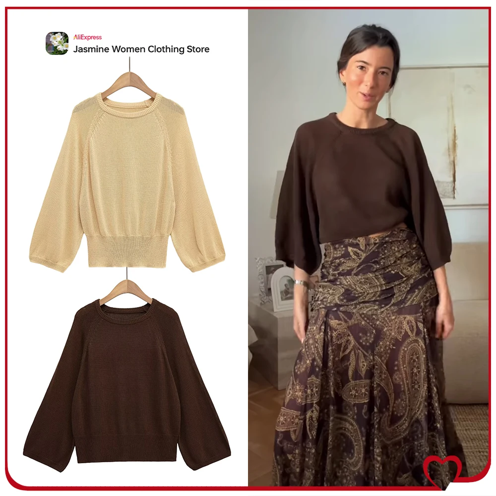 Maglione lavorato a maglia a maniche larghe da donna elegante e rilassante Pullover da strada Maglieria casual con scollo a O con maniche larghe sotto il gomito 1