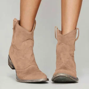 Moda Autunno Donna Stivali medi Stivaletti leggeri Stivali da donna Tacco grosso Tacco basso Punta tonda Stivaletti in pelle scamosciata tinta unita 1