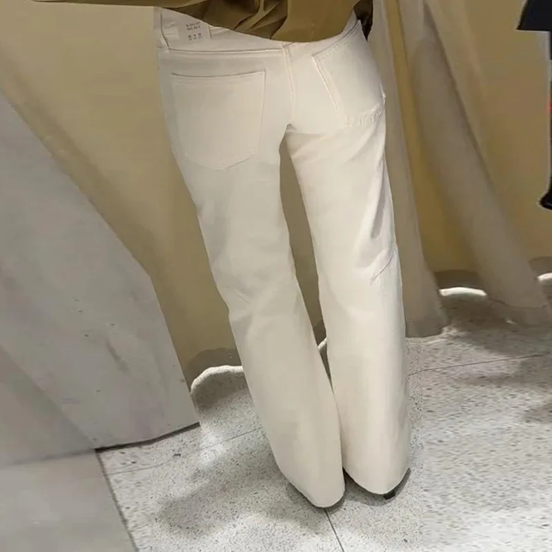 Jeans bianchi con lacci con coulisse Tasche con senso del design da donna Pantaloni in denim dritti a vita bassa 2025 Nuova moda casual Lady Streetwear 2