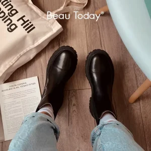BeauToday stivaletti piattaforma donna stivali Chelsea in pelle di mucca punta tonda fascia elastica suola spessa scarpe da donna fatte a mano 02379 1
