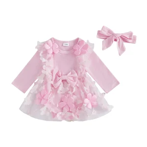 Completi autunnali per neonata Fiore decorativo Farfalla Manica lunga A Line Abito in rete e fascia per capelli Set da 2 pezzi 1