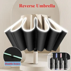 Ombrelli pieghevoli inversi Doppio osso Colla nera Parasole automatico Protezione solare Ombrello antipioggia Forte resistenza al vento 1