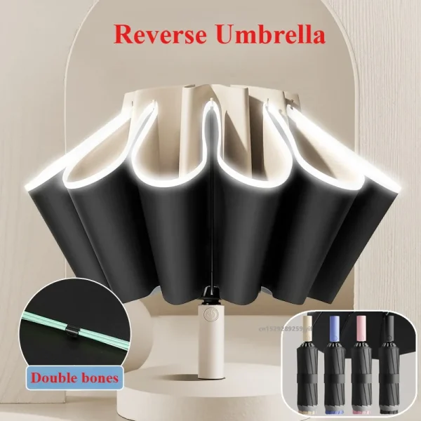 Ombrelli pieghevoli inversi Doppio osso Colla nera Parasole automatico Protezione solare Ombrello antipioggia Forte resistenza al vento 1