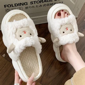 Simpatico agnello da donna con suola morbida, stile coppia casual, nuove scarpe ventilate, design confortevole, pantofole da casa in lino antiscivolo 1
