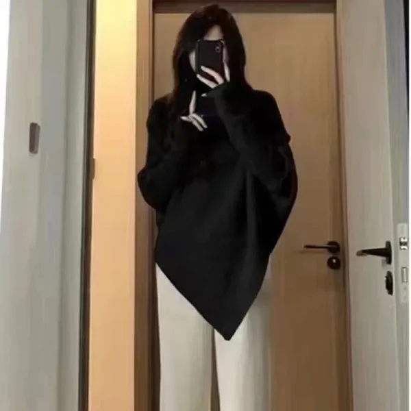 Dolcevita autunno/inverno maglione da donna spesso maglieria casual coreana maglione tinta unita da strada con design con orlo irregolare 3