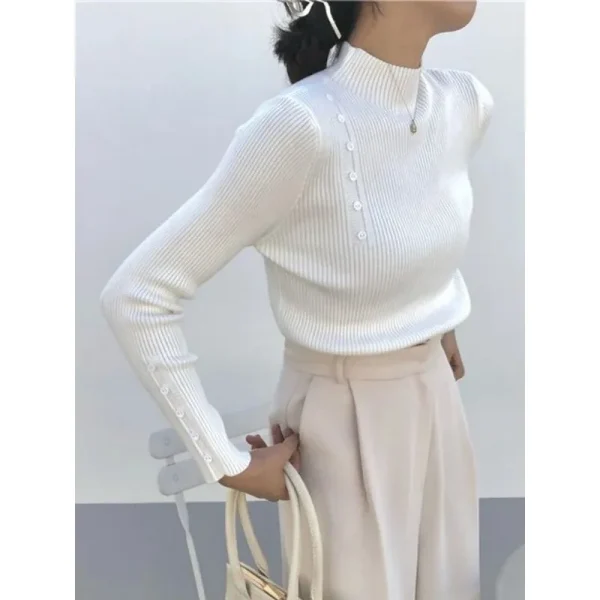 Maglione lavorato a maglia da donna dolcevita con bottoni a maniche lunghe pullover slim per maglioni femminili autunno inverno top morbidi e caldi 3