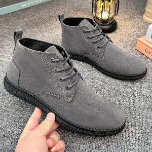 Scarpe alte casual in pelle scamosciata grigia Stivali corti da uomo con lacci neri con fondo piatto Stivali Chelsea da uomo Stivali in denim di marca di alta qualità 1