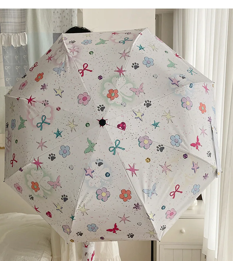 Ombrello pieghevole automatico Fashion Star Butterfly UPF 50+ Rivestimento nero Protezione solare e ombrellone da viaggio compatto antipioggia 4