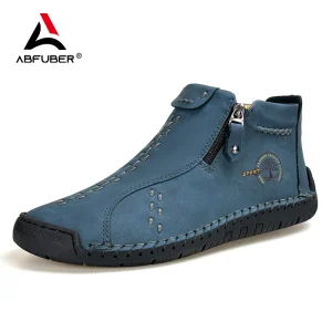 Scarpe casual in pelle fatte a mano per uomo Sneakers da uomo Calzature piatte Stivali in pelle con cerniera Caviglia da uomo Taglie forti 39-48 1