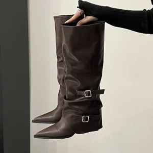 Stivali alti al ginocchio da donna stile retrò Scarpe con fibbia per cintura moda Autunno Inverno Zeppe Tacco Stivaletti lunghi da cavaliere da donna 1