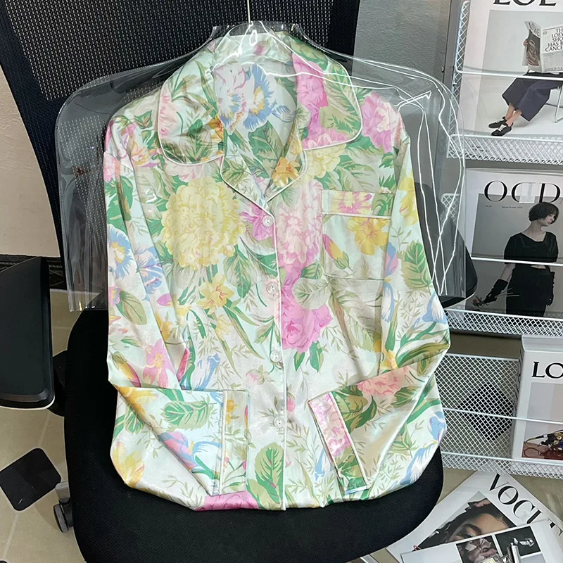 Pigiama da donna di alta qualità in primavera, pantaloni a maniche lunghe con stampa floreale di lusso estiva, pigiama con risvolto Cardigan morbido Homewear 3