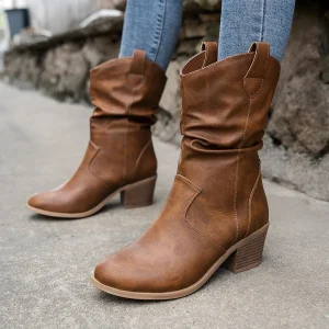 Stivali da donna Autunno Inverno Nuovo Stivale a metà polpaccio a punta in pelle PU Slip on Stivali da cowboy occidentali con tacco spesso per donna Pus Taglia 42 1