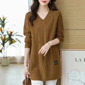 Autunno/Inverno 2025 Stili medi e lunghi Scollo a V Maglia da donna Pullover Maglione Moda Splicing Allentato Top da donna che tocca il fondo 1