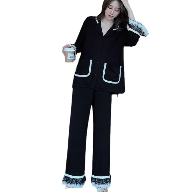 Pigiama da donna Primavera e autunno Pantaloni a maniche lunghe Set Pigiama sexy in pizzo Pigiama Homewear Nuovo pigiama casual Homewear Set 5