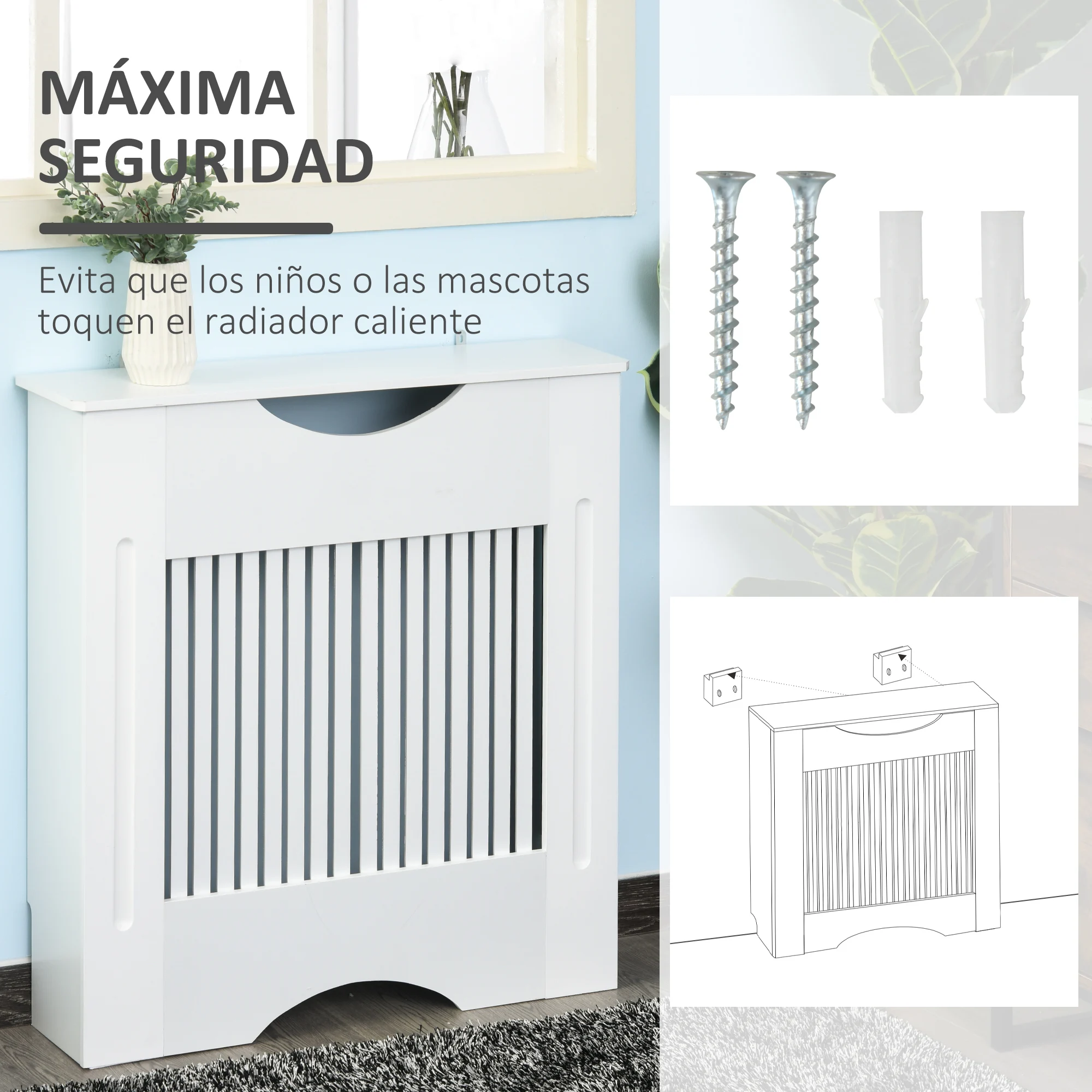 Copertura per radiatore Homcom 78X19X82 cm MDF con ripiano moderno antiribaltamento per soggiorno 5