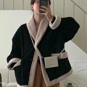 TRAFZA Giacca calda foderata in pile casual da donna Cappotto autunno inverno Giacche a maniche lunghe con scollo a V Capispalla premaman allentato 1