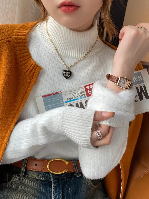 Maglione a collo alto da donna Inverno 2025 Retro con fodera in velluto Abbigliamento interno ispessito Maglia termica con fondo Pullover 4