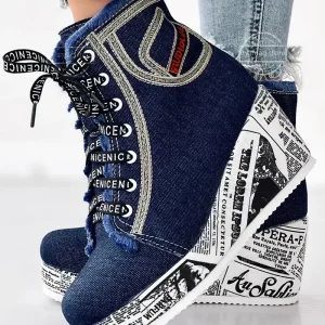 Stivali donna Newpaper Lace-up Platform Wedge caviglia Denim zeppe Sneakers stivali con plateau scarpe vulcanizzate Ladies Side Zipper Botas 1