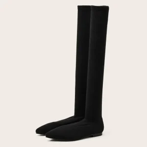 Taglia 34-40 Moda Gamba sottile Stivali alti con calzino da donna Tessuto elasticizzato nero Punta a punta Tacchi piatti sopra il ginocchio Slip On Shoes 1