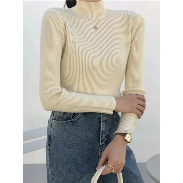 Maglione lavorato a maglia da donna dolcevita con bottoni a maniche lunghe pullover slim per maglioni femminili autunno inverno top morbidi e caldi 6