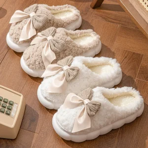 Pantofole in cotone per donna Autunno e inverno Suola spessa Scarpe per coppie calde per la casa per interni Pantofola da donna con piattaforma piatta antiscivolo con fiocco 1