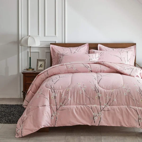 Set trapunta stampata con fiori di pruno rosa con federa da 2 pezzi Piumini caldi primaverili e autunnali Trapunte Coperta letto matrimoniale singola 4