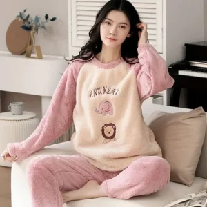 Indumenti da notte caldi per l'inverno Pigiama di flanella caldo ispessito Studente Manica lunga Cartoon Ladies Loungewear Setpigiama Donna Offerta 1