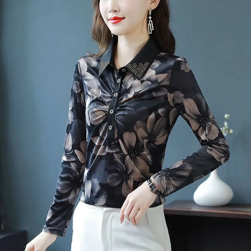 Primavera Autunno Nuova camicia base stampata con colletto polo a maniche lunghe Taglie forti Stomaco che nasconde il temperamento elegante che riduce l'età 4