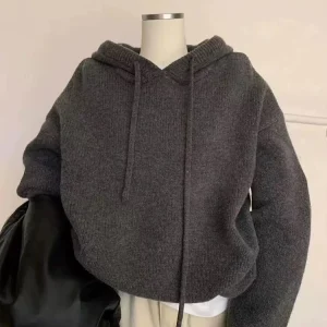 Felpa con cappuccio lavorata a maglia autunnale per donna Felpa casual calda spessa allentata coreana Bf Solido Semplice Basic Maglione pullover tutto abbinato Nuovo 1